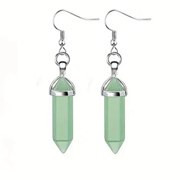 Green Aventurine Natural Stone Gemstone Handmade Hexagon Point Dangle Earrings - Picture 2 of 2